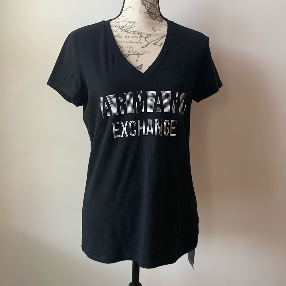 Armani Exchange Black Short Sleeve Tee with Rhinestone Logo